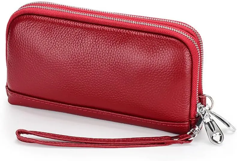Women Clutch Purse Genuine Leather Double Zipper Money Purses Card Holder Phone Clutches with Wrist Strap (Wine Red)