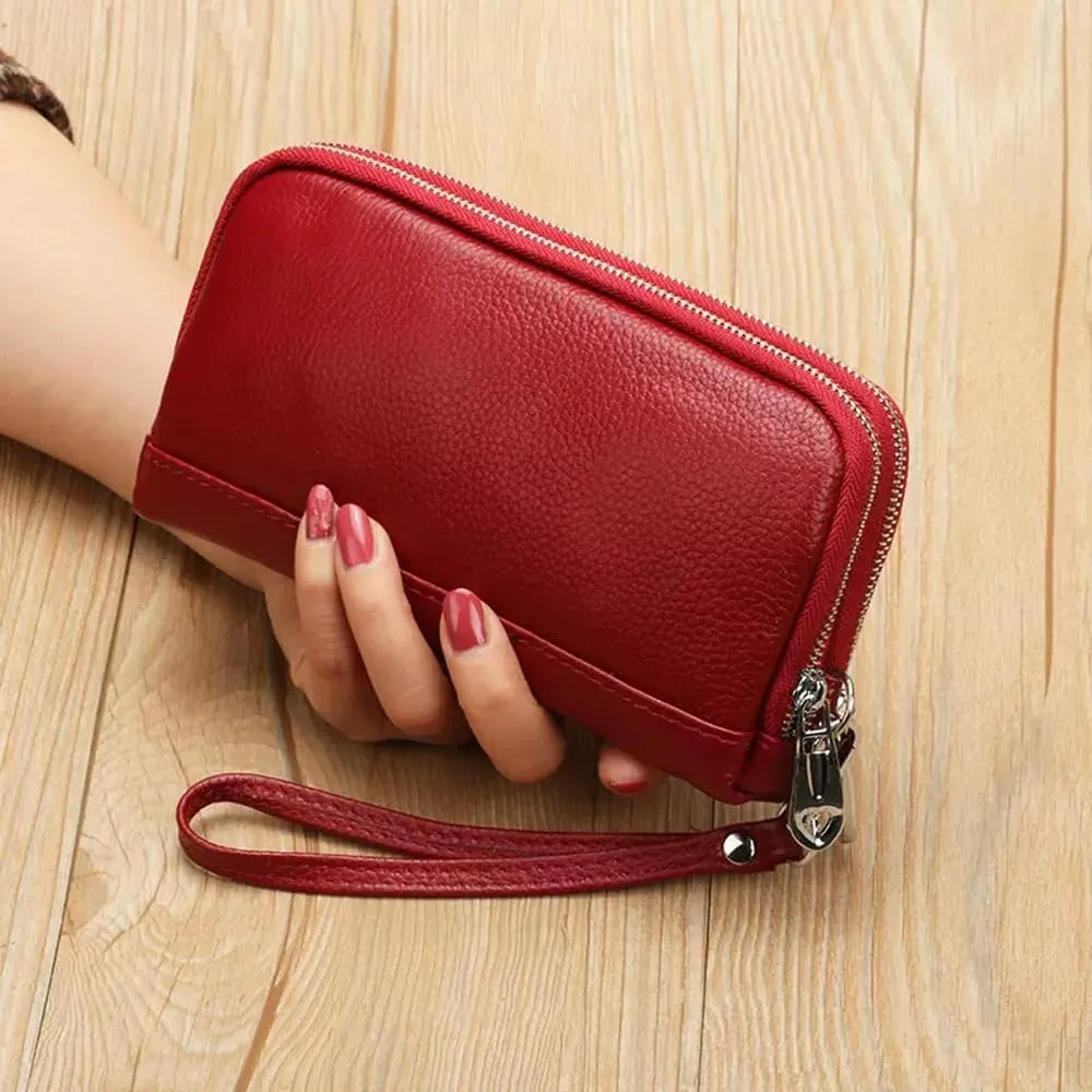 Women Clutch Purse Genuine Leather Double Zipper Money Purses Card Holder Phone Clutches with Wrist Strap (Wine Red)