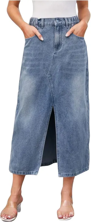 Women Fashion Denim Midi Skirt, High Waisted Stretch A-Line Skirts Slit Front Washed Cargo Jean Skirts with Pockets