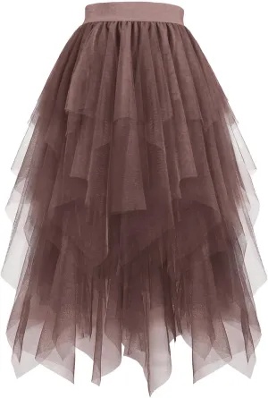 Women Fashion Layered Tulle Skirts, High Waisted Irregular Hem Midi Skirts Tutu Layered Puffy Fairy Skirts Party Clothes
