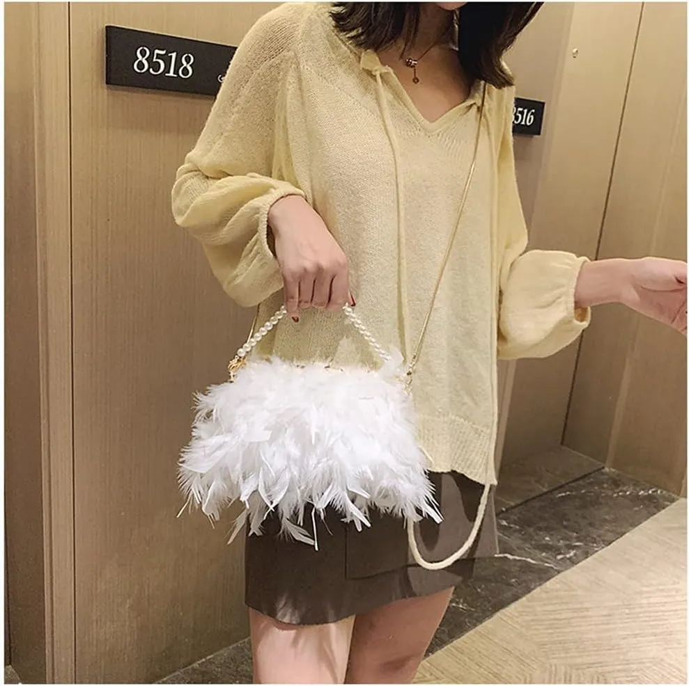 Women Feather Evening Purses and Clutches Exquisite Tassel Pearl Tote Bags for Wedding Banquet Party