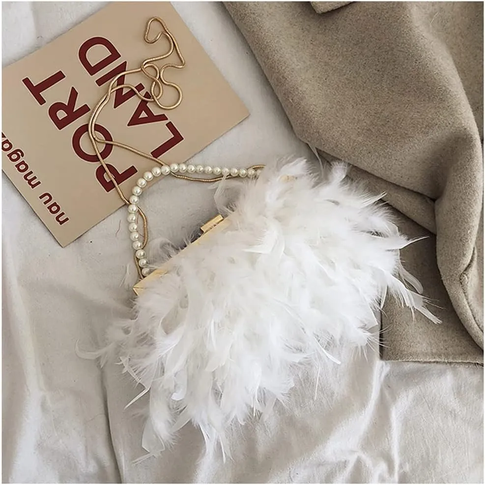 Women Feather Evening Purses and Clutches Exquisite Tassel Pearl Tote Bags for Wedding Banquet Party