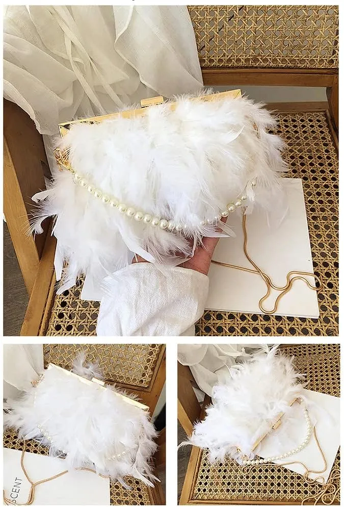 Women Feather Evening Purses and Clutches Exquisite Tassel Pearl Tote Bags for Wedding Banquet Party