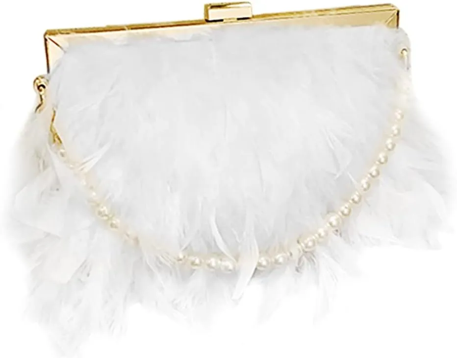Women Feather Evening Purses and Clutches Exquisite Tassel Pearl Tote Bags for Wedding Banquet Party