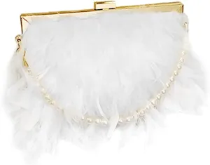 Women Feather Evening Purses and Clutches Exquisite Tassel Pearl Tote Bags for Wedding Banquet Party
