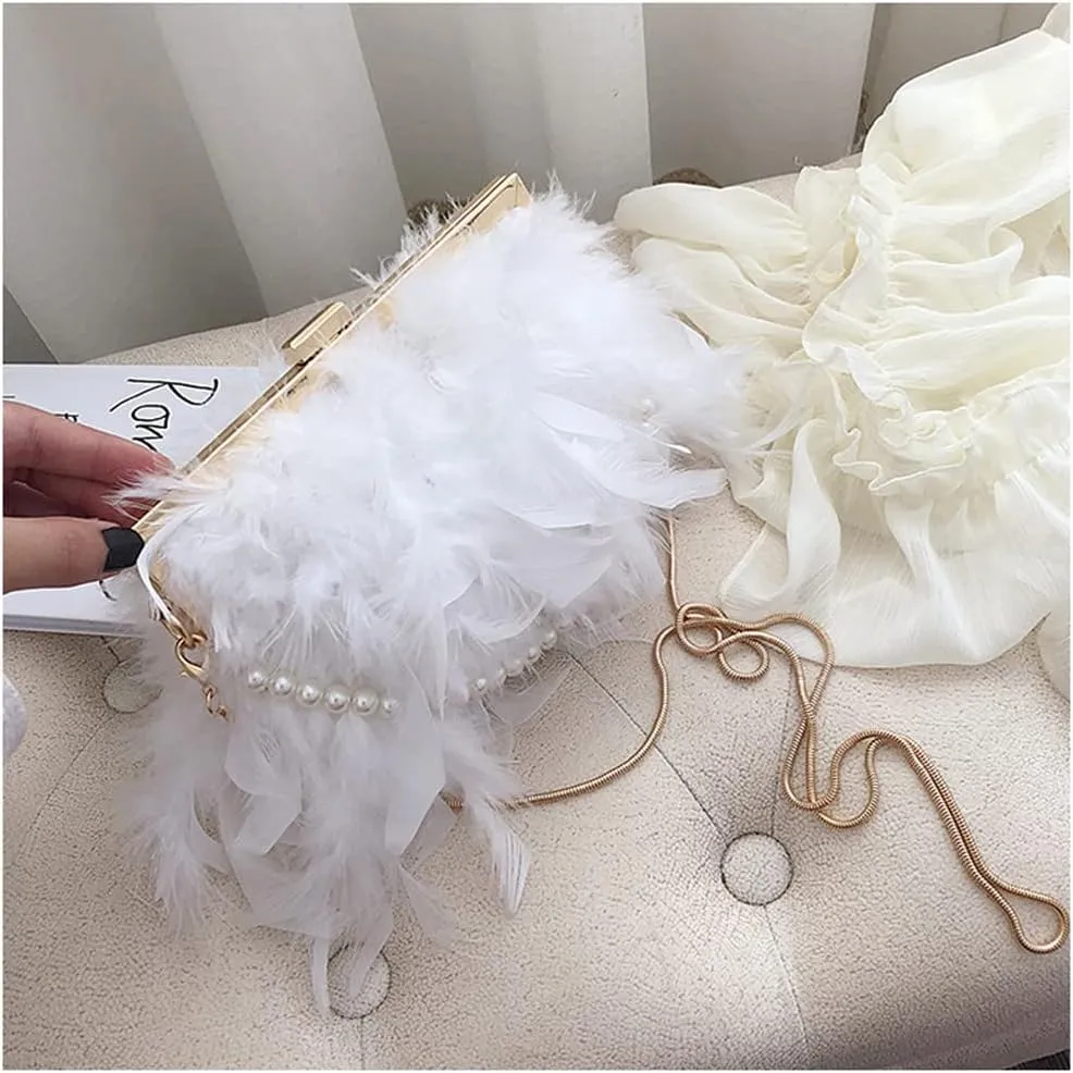 Women Feather Evening Purses and Clutches Exquisite Tassel Pearl Tote Bags for Wedding Banquet Party
