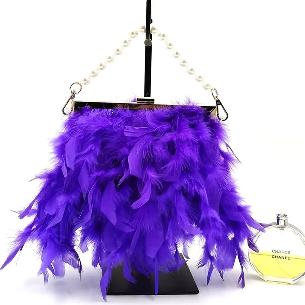 Women Feather Evening Purses and Clutches Exquisite Tassel Pearl Tote Bags for Wedding Banquet Party