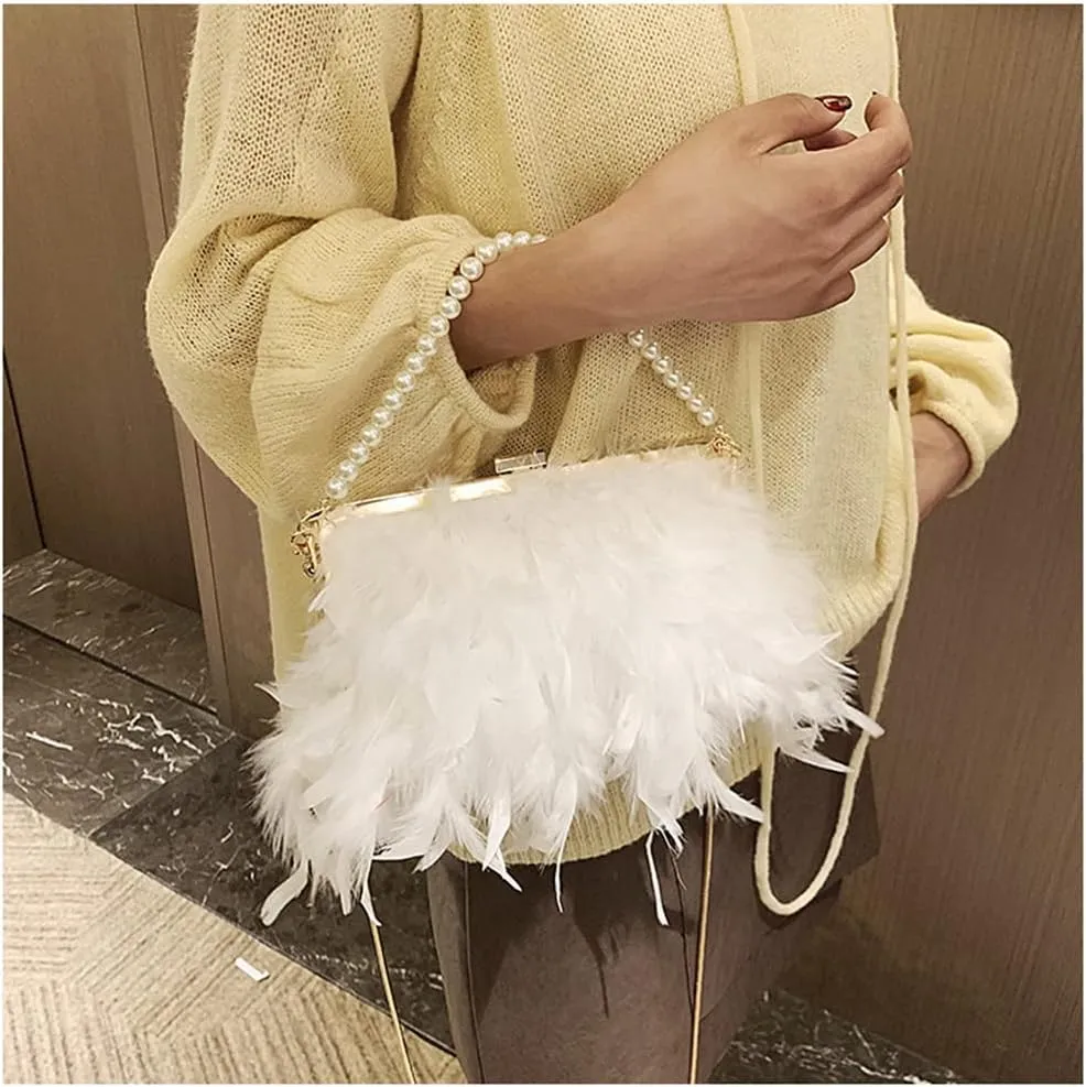 Women Feather Evening Purses and Clutches Exquisite Tassel Pearl Tote Bags for Wedding Banquet Party