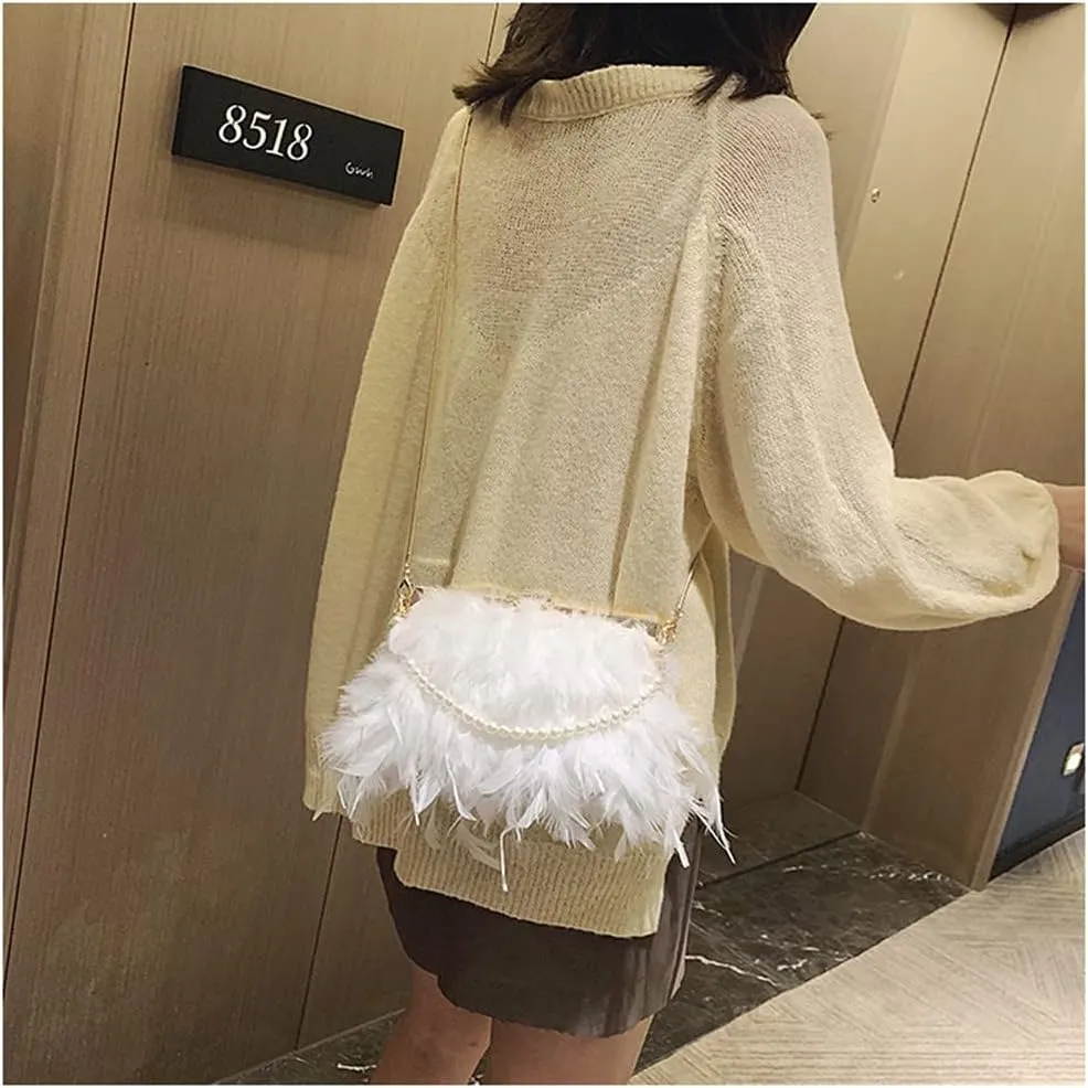 Women Feather Evening Purses and Clutches Exquisite Tassel Pearl Tote Bags for Wedding Banquet Party