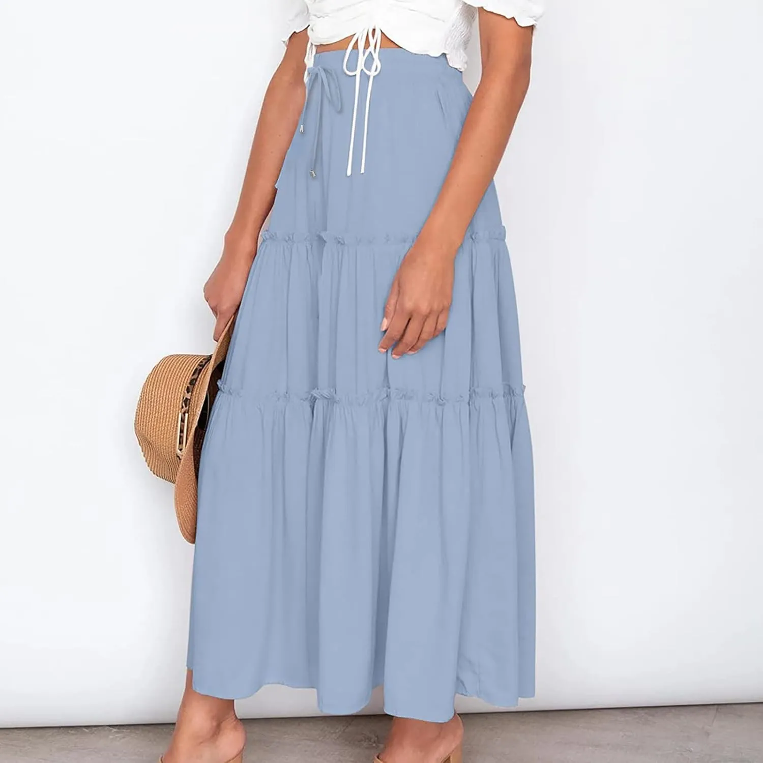 Women High Waist Casual Maxi Skirts Elastic Drawstring Pleated Long Skirt Loose Swing Beach Boho Skirt Half Dress