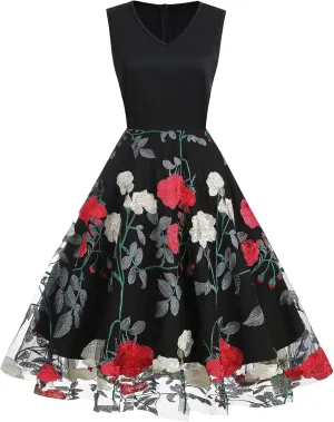 Women Keyhole Floral Embroidery Dress Sheer Mesh Illusion Vintage Cocktail Swing Dress Wedding Party Prom Tulle Evening Dress