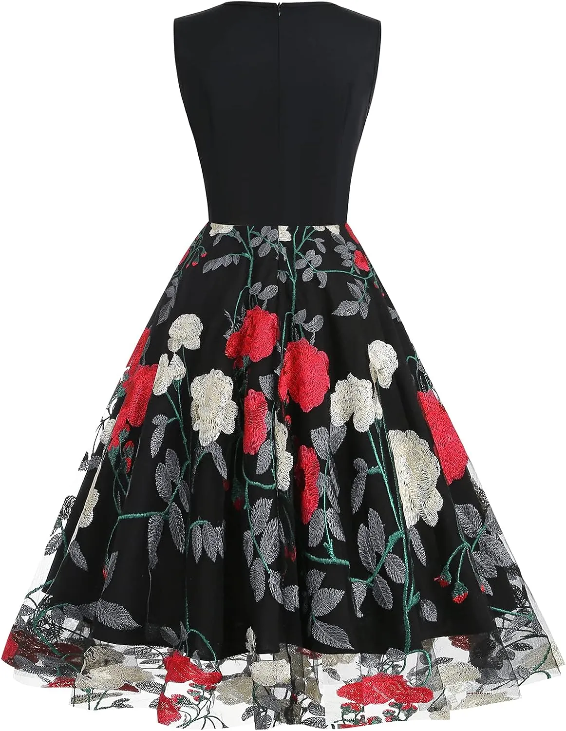 Women Keyhole Floral Embroidery Dress Sheer Mesh Illusion Vintage Cocktail Swing Dress Wedding Party Prom Tulle Evening Dress