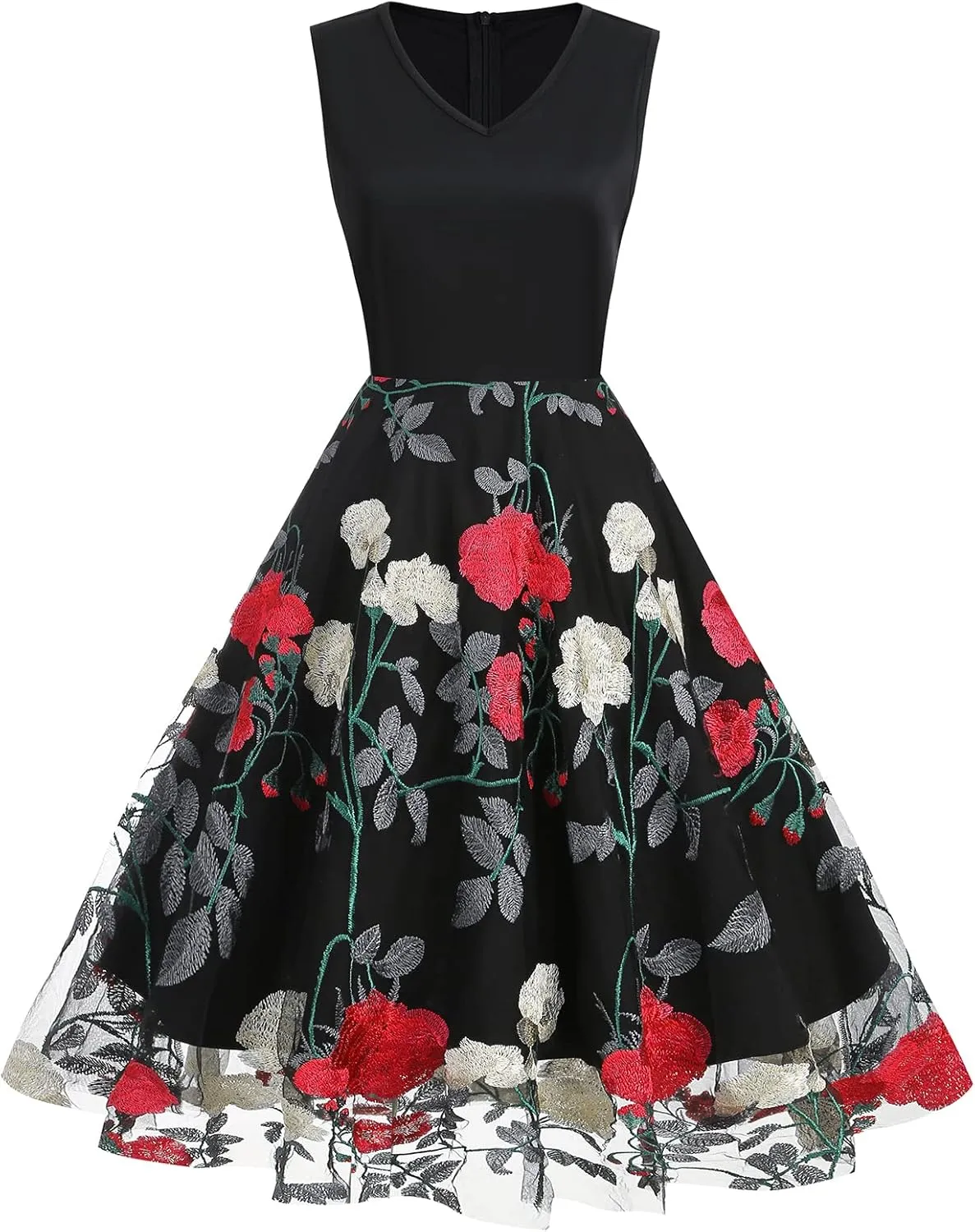 Women Keyhole Floral Embroidery Dress Sheer Mesh Illusion Vintage Cocktail Swing Dress Wedding Party Prom Tulle Evening Dress