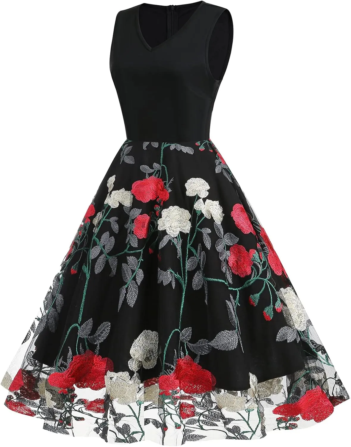 Women Keyhole Floral Embroidery Dress Sheer Mesh Illusion Vintage Cocktail Swing Dress Wedding Party Prom Tulle Evening Dress
