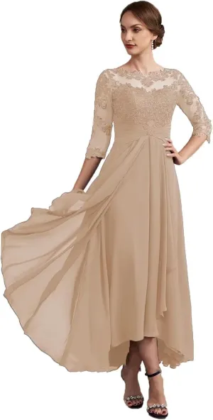 Women Long Floral Lace Chiffon Mother of Bride Dresses A-line Pleated Formal Party Evening Gown