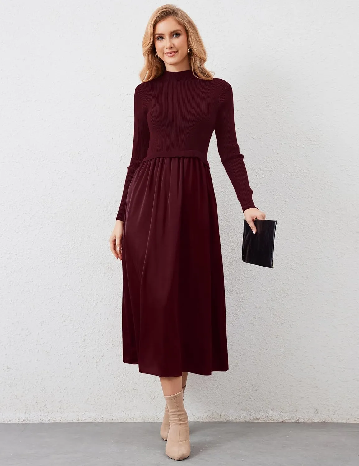 Women Long Sleeve Sweater Maxi Dress Patchwork Slim Fit Flowy Long Dresses Casual A-Line Knit High Neck Dress Fall