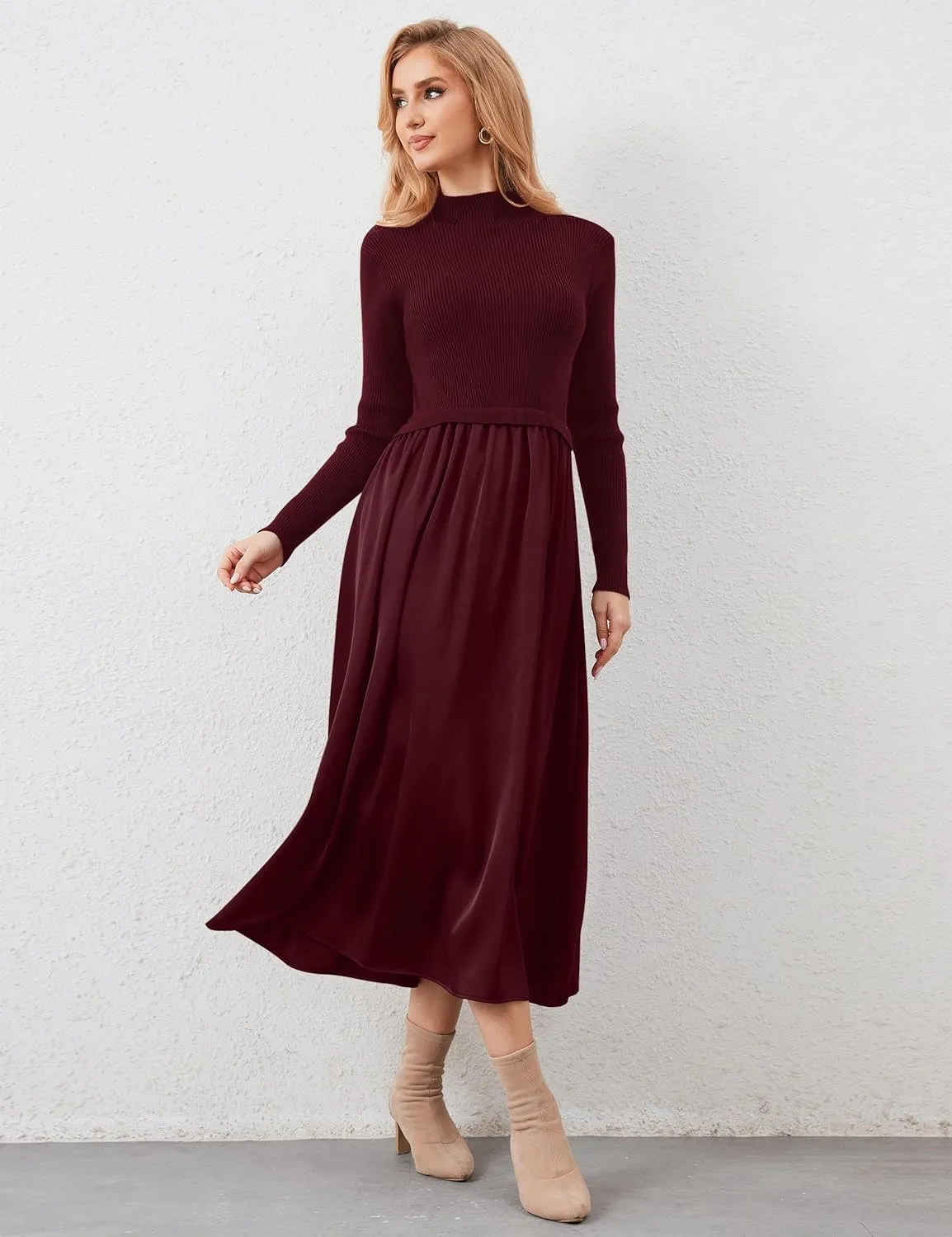 Women Long Sleeve Sweater Maxi Dress Patchwork Slim Fit Flowy Long Dresses Casual A-Line Knit High Neck Dress Fall