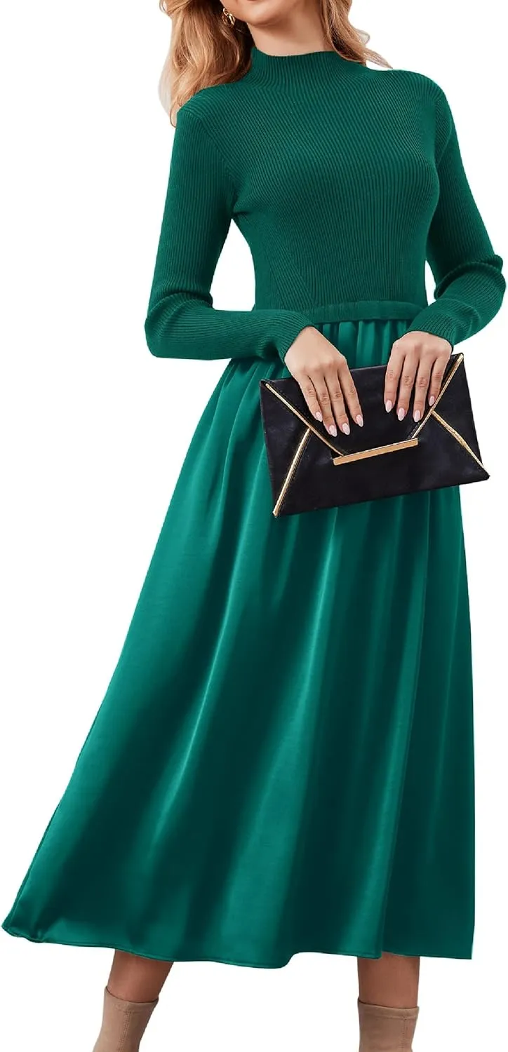 Women Long Sleeve Sweater Maxi Dress Patchwork Slim Fit Flowy Long Dresses Casual A-Line Knit High Neck Dress Fall