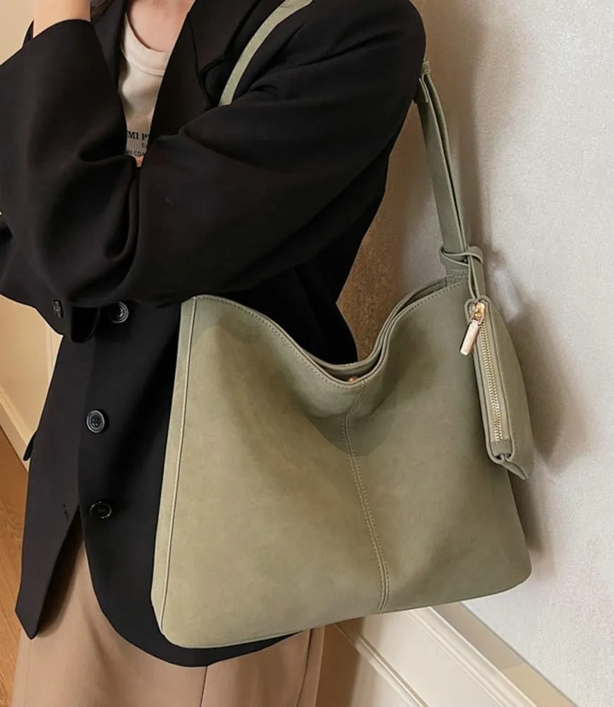 Women PU Leather Tote Handbag Large Bucket Shoulder Bag Solid Crossbody Purse Trendy Underarm Commuting Travel