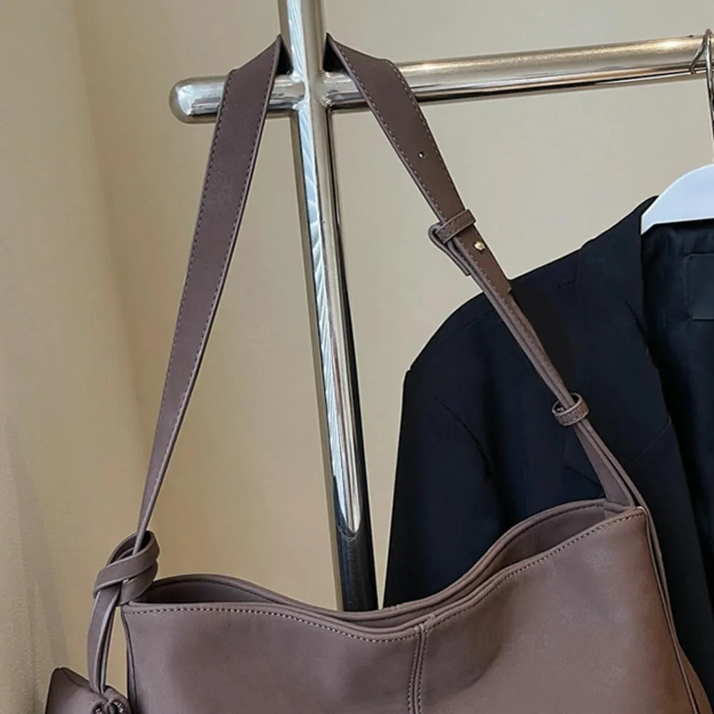 Women PU Leather Tote Handbag Large Bucket Shoulder Bag Solid Crossbody Purse Trendy Underarm Commuting Travel
