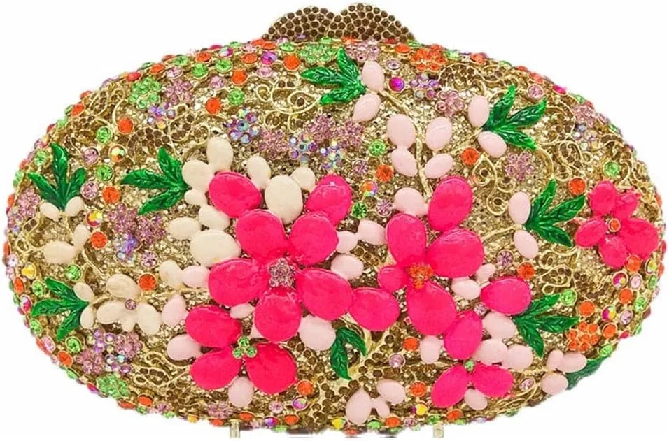 Women Rose Flower Hollow Out Crystal Evening Metal Clutches Handbag Purse Wedding Clutch Bag