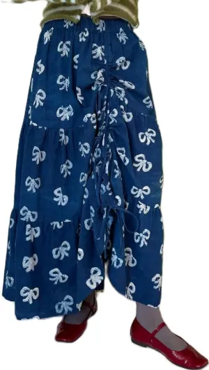 Women Side Drawstring Ruched Maxi Skirts A-Line Ruffle Pleated Bow Tie Long Skirt Low Rise Smocked Flowy Midi Skirt