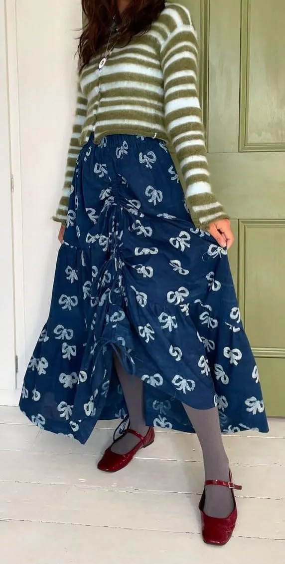 Women Side Drawstring Ruched Maxi Skirts A-Line Ruffle Pleated Bow Tie Long Skirt Low Rise Smocked Flowy Midi Skirt