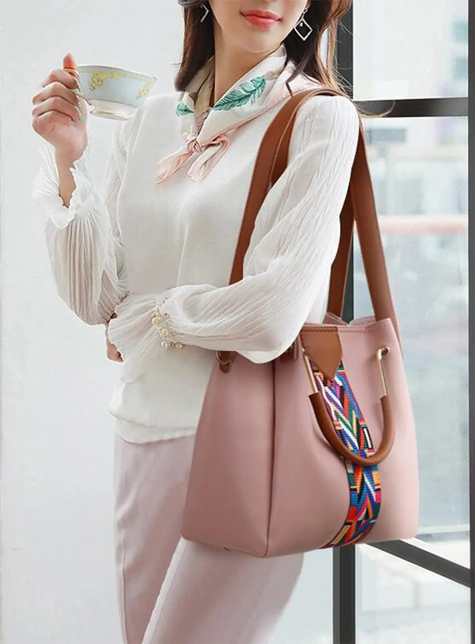 Women Soft Synthetic Patnet Leather Tote Satchel Crossbody Bag 4pcs Simple Clutches Shoulder Handbags