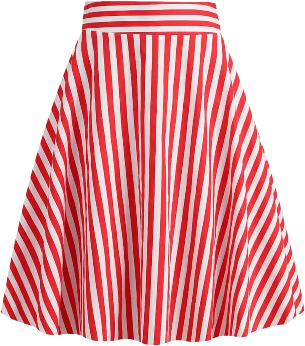 Women Striped A Line Skirts Cotton Midi Swing Skirt Flared Stretchy Skater Mini Party Skirt