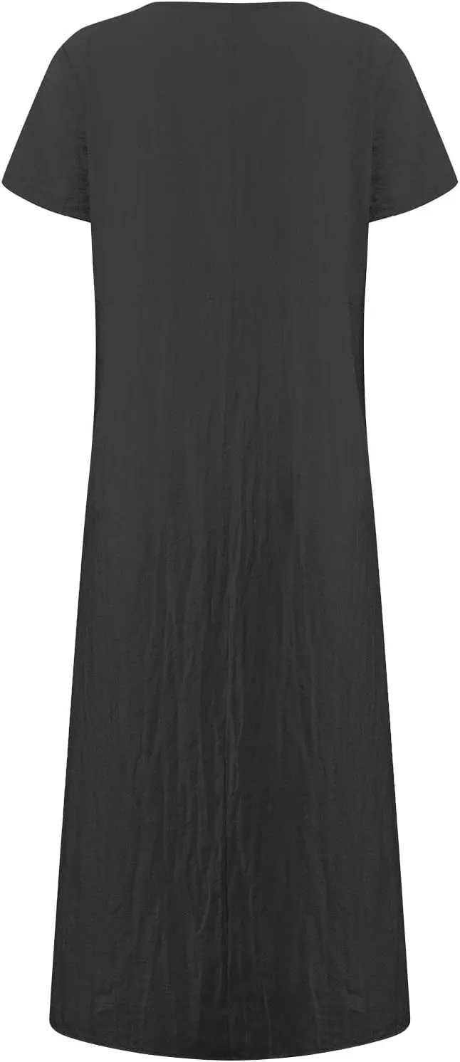 Women Summer Dress Cotton Linen Crewneck Short Sleeve Tunic Curvy Casual Plain Beach Vacation Plus Size Midi Sundress
