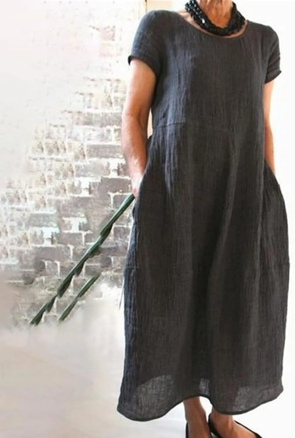Women Summer Dress Cotton Linen Crewneck Short Sleeve Tunic Curvy Casual Plain Beach Vacation Plus Size Midi Sundress