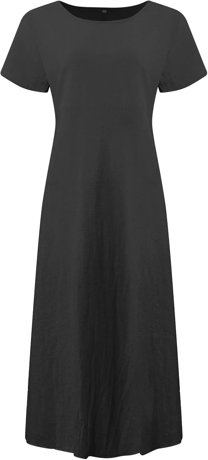 Women Summer Dress Cotton Linen Crewneck Short Sleeve Tunic Curvy Casual Plain Beach Vacation Plus Size Midi Sundress