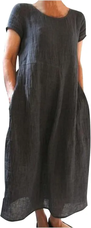 Women Summer Dress Cotton Linen Crewneck Short Sleeve Tunic Curvy Casual Plain Beach Vacation Plus Size Midi Sundress
