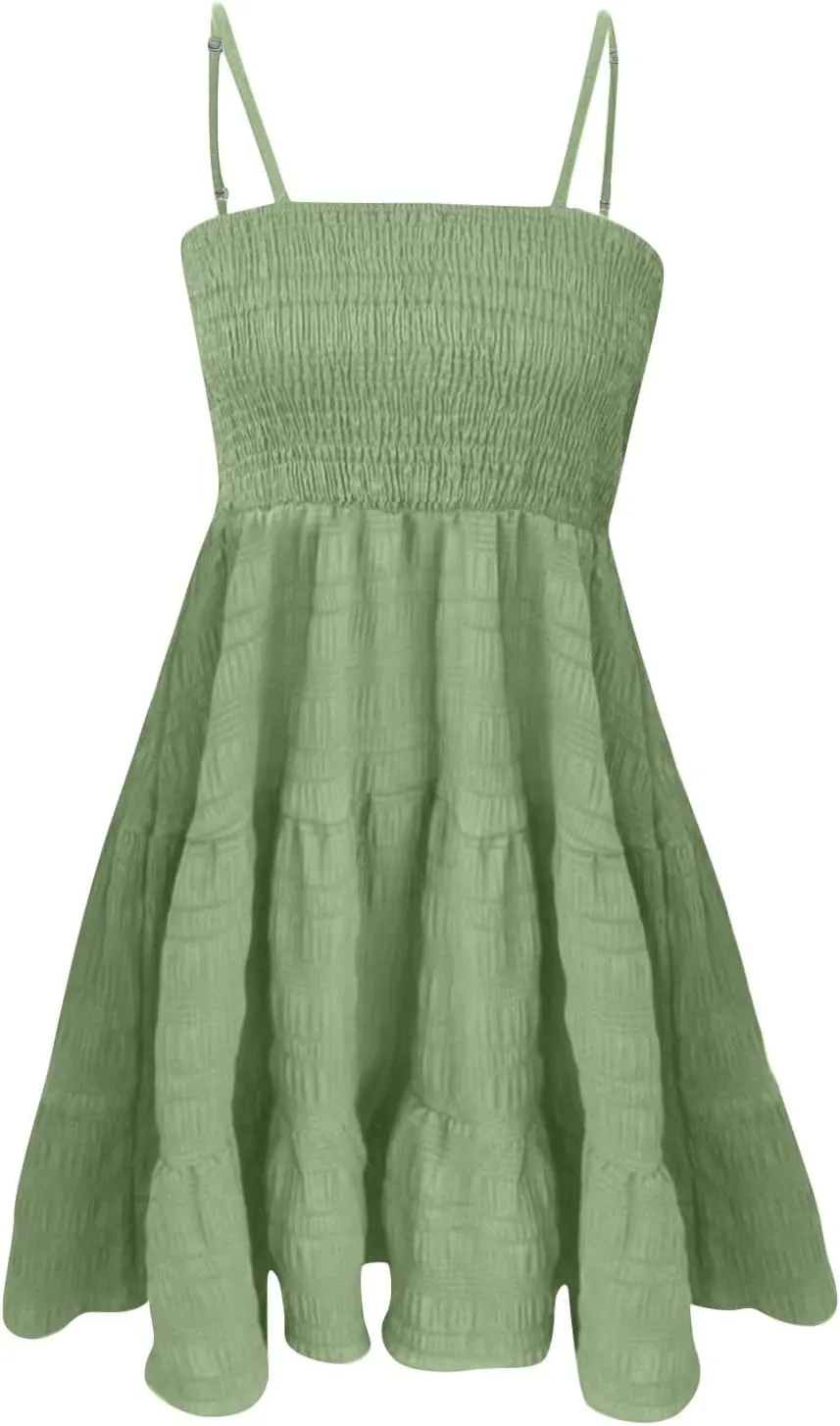 Women Summer Dresses Square Neck Spaghetti Strap Dresses Sleeveless Mini Dress A Line Sundresses Boho Beach Dress