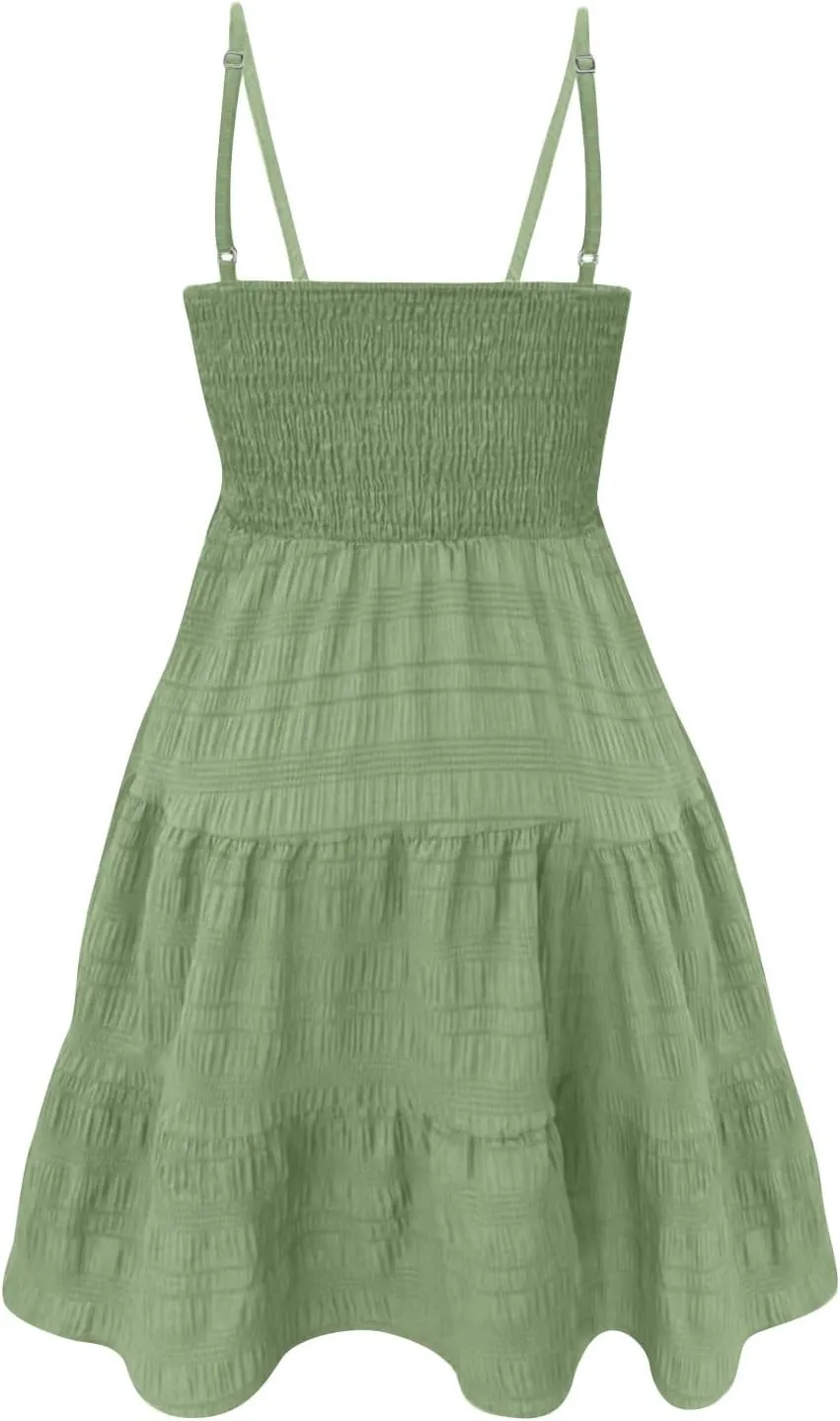 Women Summer Dresses Square Neck Spaghetti Strap Dresses Sleeveless Mini Dress A Line Sundresses Boho Beach Dress