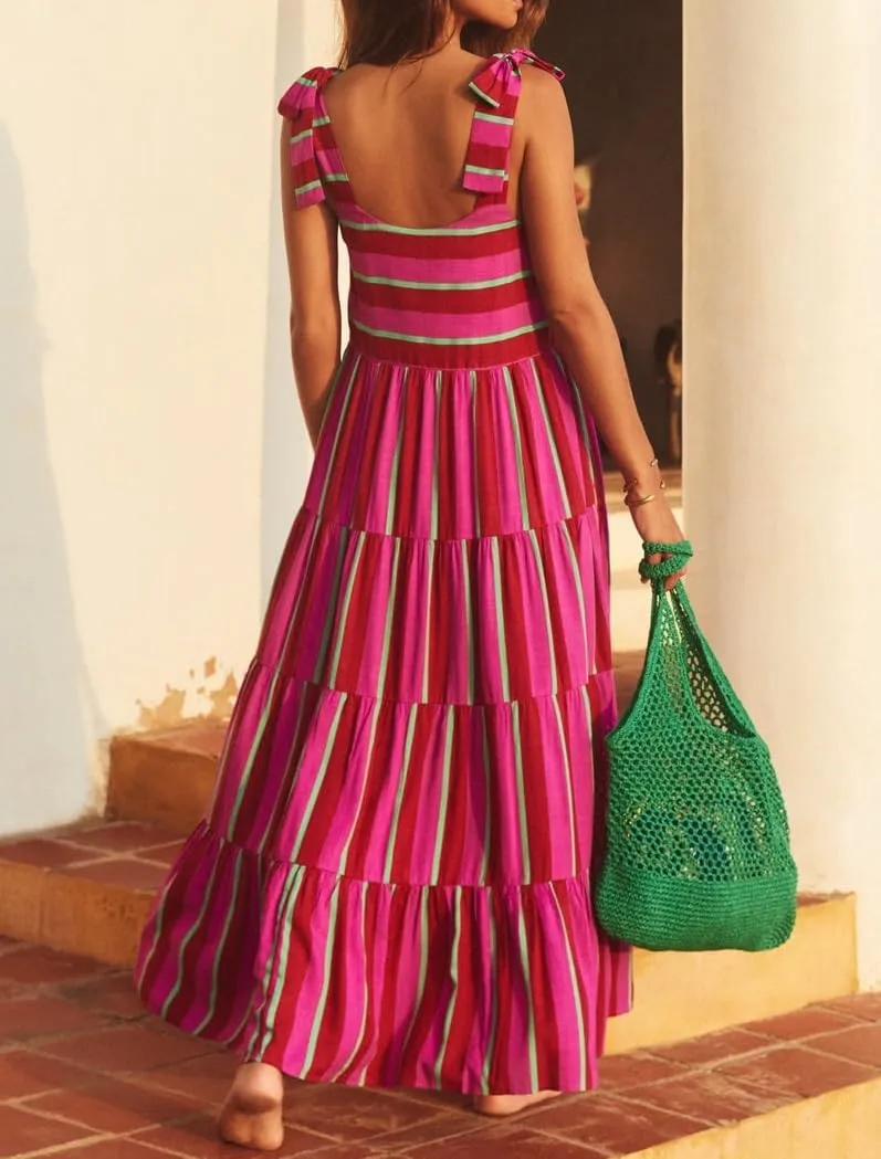 Women Summer Floral Boho Maxi Dress Tie Shoulder Square Neck Flowy Sundress Ruffle A Line Colorful Beach Long Dress