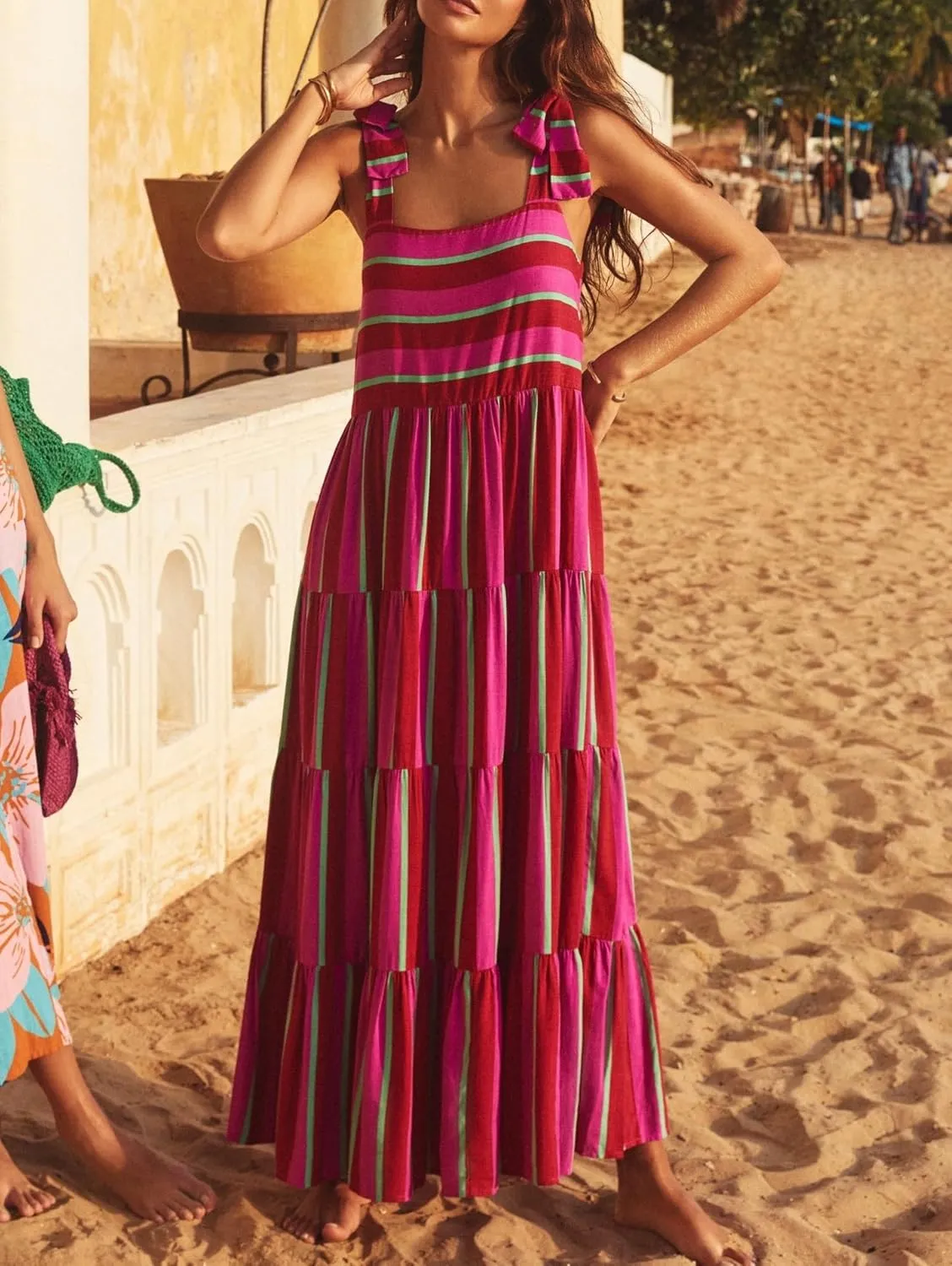 Women Summer Floral Boho Maxi Dress Tie Shoulder Square Neck Flowy Sundress Ruffle A Line Colorful Beach Long Dress