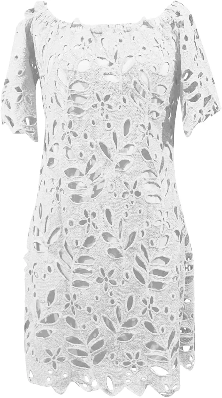 Women Summer Off Shoulder Hollow Out Dress Short Sleeve Lace Floral Mini Dress Casual Vacation Party Short Dresses