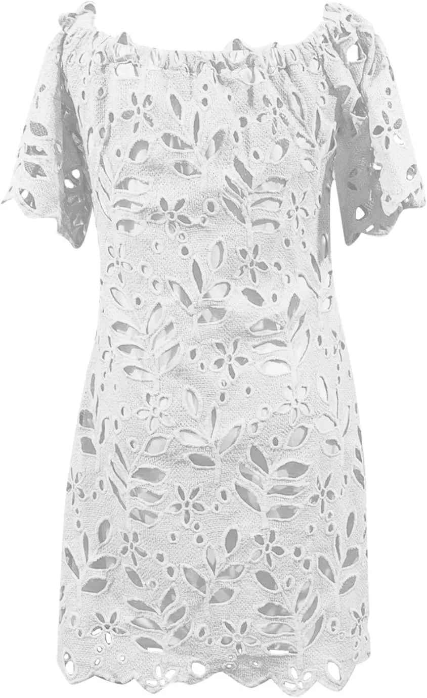 Women Summer Off Shoulder Hollow Out Dress Short Sleeve Lace Floral Mini Dress Casual Vacation Party Short Dresses