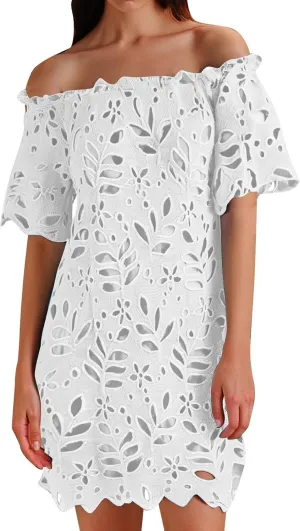 Women Summer Off Shoulder Hollow Out Dress Short Sleeve Lace Floral Mini Dress Casual Vacation Party Short Dresses