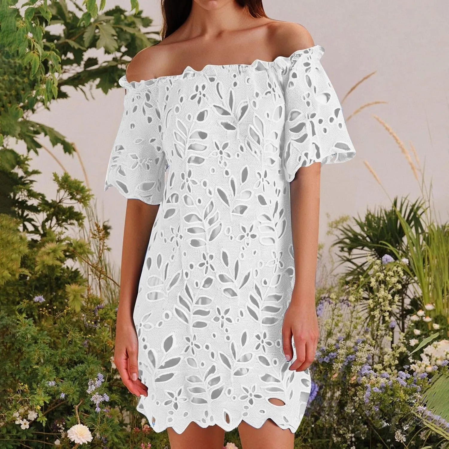 Women Summer Off Shoulder Hollow Out Dress Short Sleeve Lace Floral Mini Dress Casual Vacation Party Short Dresses