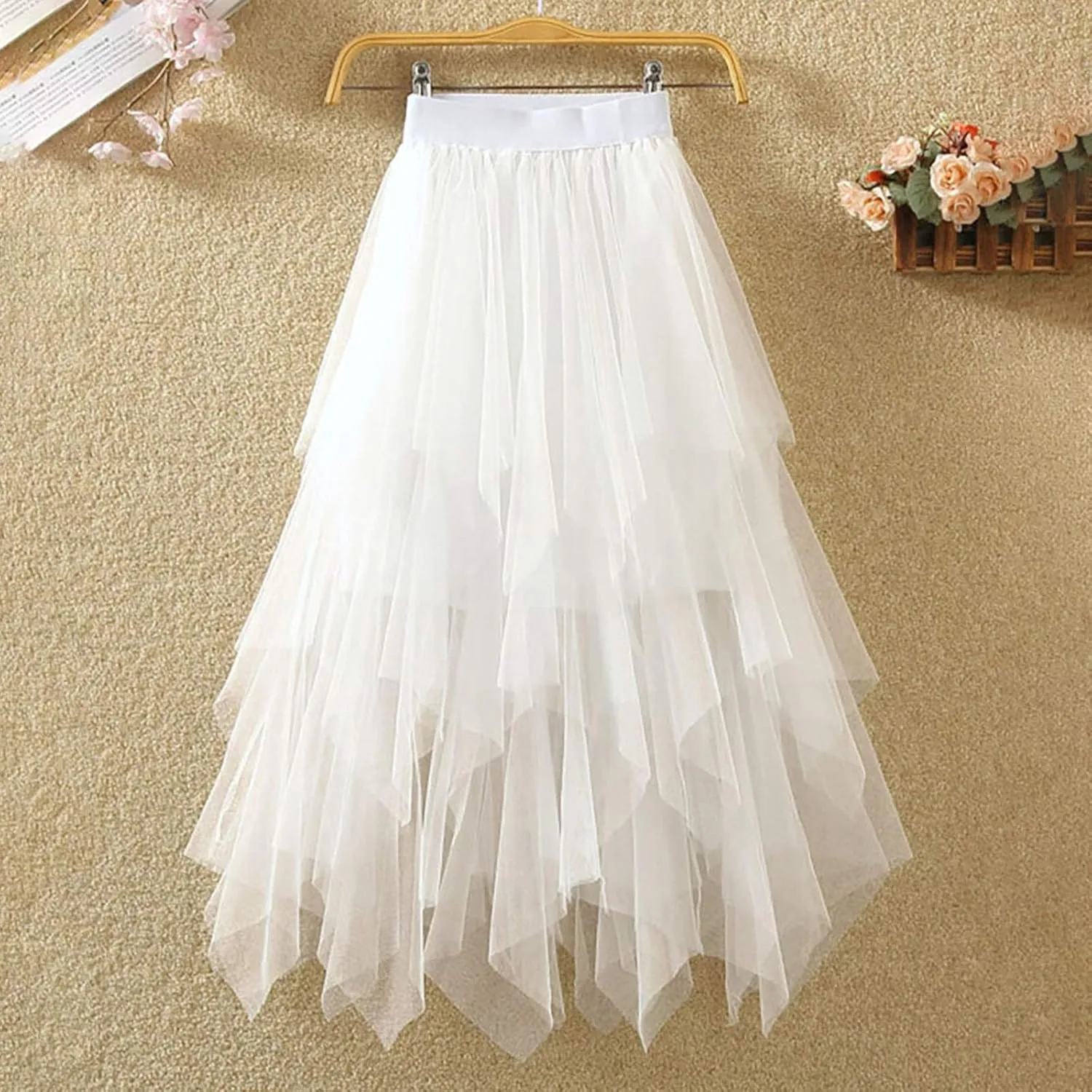 Women Tutu Tulle Skirt Elastic High Waist Layered Pleated Swing Skirt Floral Print Mesh A-Line Midi Skirt