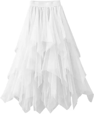 Women Tutu Tulle Skirt Elastic High Waist Layered Pleated Swing Skirt Floral Print Mesh A-Line Midi Skirt