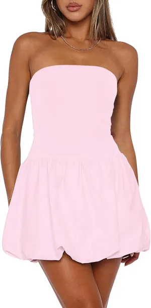 Women Y2K Puff Bubble Tube Top Dress Sexy Strapless Summer Mini Dress Wedding Club Party A Line Dress Streetwear