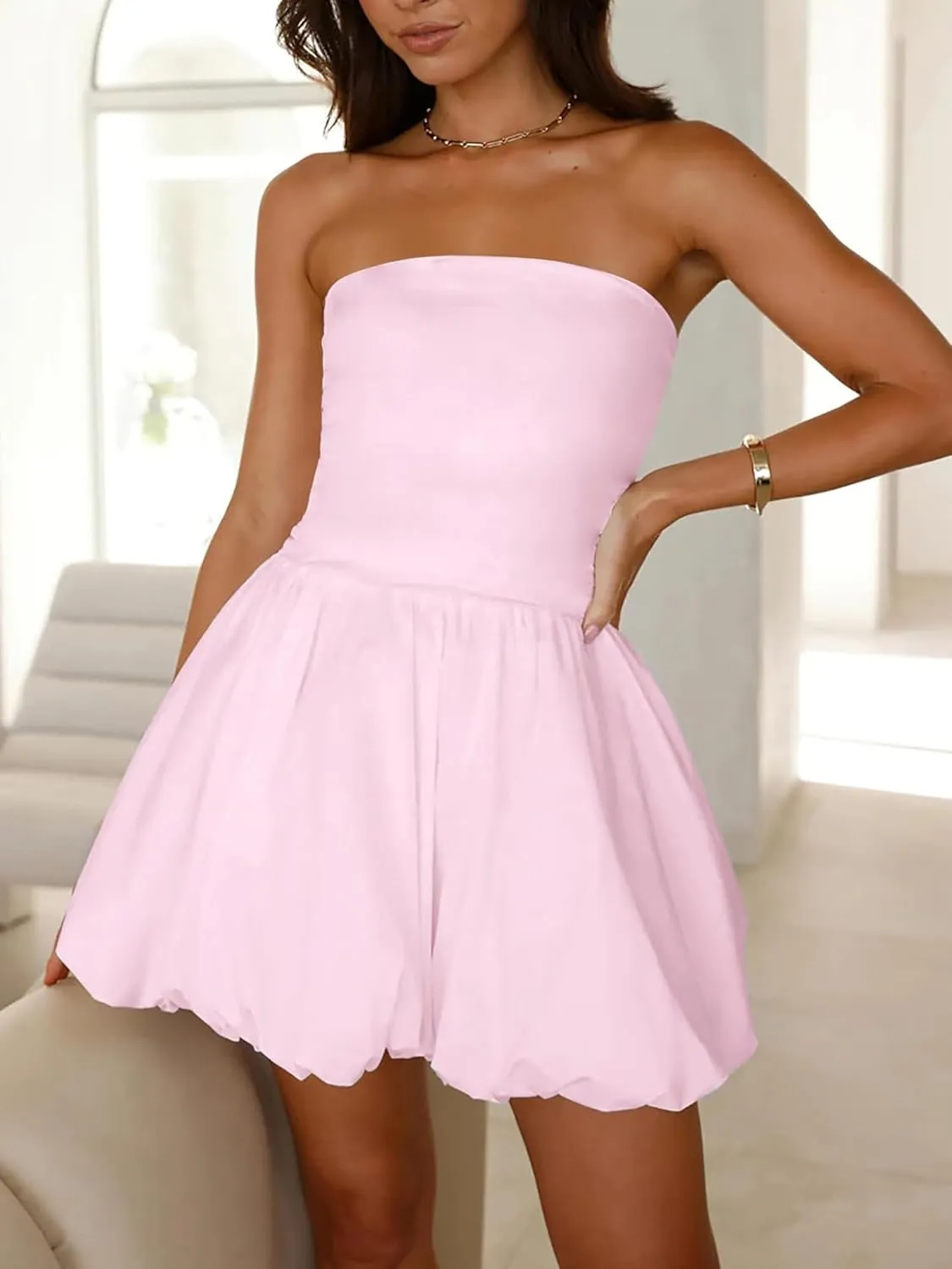 Women Y2K Puff Bubble Tube Top Dress Sexy Strapless Summer Mini Dress Wedding Club Party A Line Dress Streetwear
