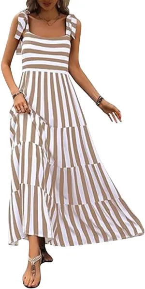 Womens 2024 Summer Sleeveless Spaghetti Strap Long Floral Maxi Dress Boho Flowy Striped Dress A Line Beach Sundresses