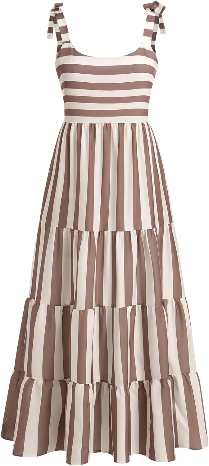Womens 2024 Summer Sleeveless Spaghetti Strap Long Floral Maxi Dress Boho Flowy Striped Dress A Line Beach Sundresses
