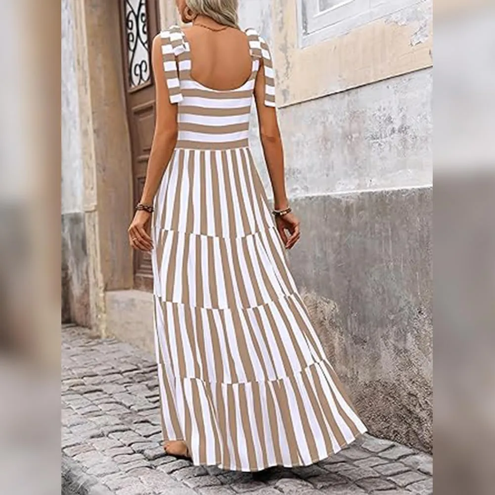 Womens 2024 Summer Sleeveless Spaghetti Strap Long Floral Maxi Dress Boho Flowy Striped Dress A Line Beach Sundresses