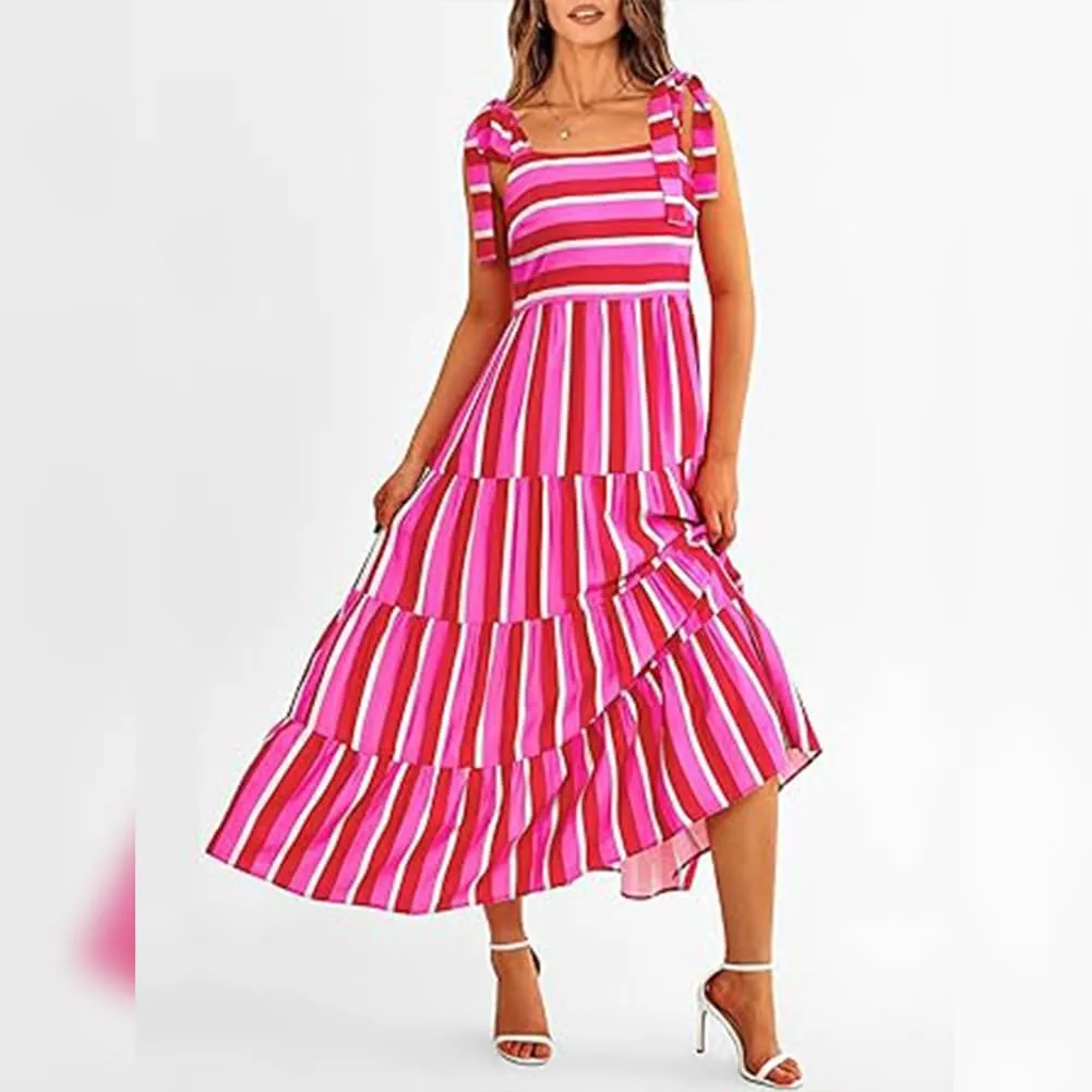 Womens 2024 Summer Sleeveless Spaghetti Strap Long Floral Maxi Dress Boho Flowy Striped Dress A Line Beach Sundresses