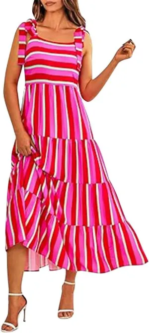 Womens 2024 Summer Sleeveless Spaghetti Strap Long Floral Maxi Dress Boho Flowy Striped Dress A Line Beach Sundresses